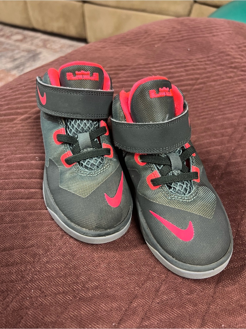 Nike Kids Gray & Red Mid-Top Sneakers with Hook-and-Loop Strap